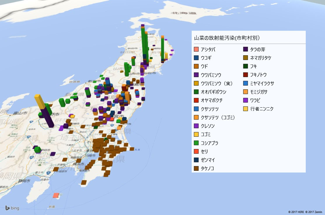 山菜の放射能検査地図（市町村別） 