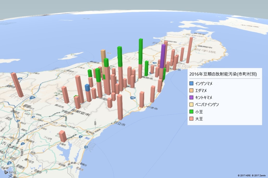2016年豆類の放射能検査地図（市町村別）