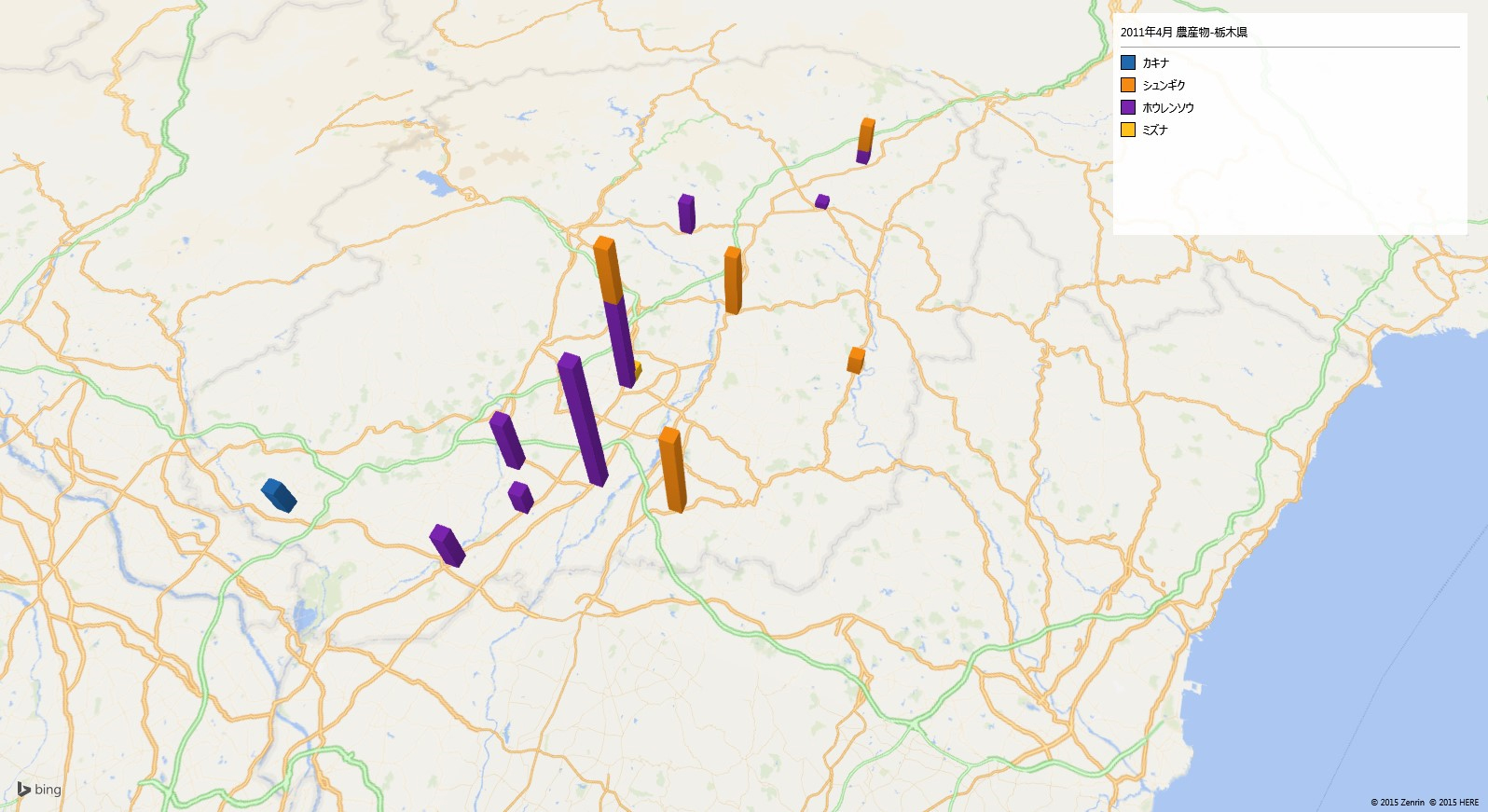 栃木県の放射性ヨウ素の汚染地図